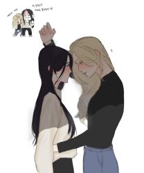 Rule 34 | 2girls, black hair, blonde hair, blush, chibi, chibi inset, closed mouth, commentary request, ear blush, from side, gyerin yang, highres, juyeon na, kabedon, korean commentary, long hair, multiple girls, sadistic beauty, ssozei, translation request, yuri