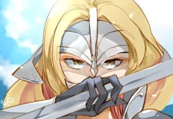 Rule 34 | 1girl, armor, blonde hair, ckowofumu, cloud, cloudy sky, fire emblem, fire emblem echoes: shadows of valentia, holding, holding polearm, holding weapon, long hair, looking at viewer, mathilda (fire emblem), nintendo, polearm, sky, solo, upper body, weapon, yellow eyes