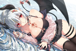 Rule 34 | 1girl, bikini, blouse, breasts, cleavage, demon girl, demon horns, demon tail, demon wings, devil heavens, highres, horns, large breasts, open clothes, open shirt, original, pointy ears, ribbon, see-through, see-through shirt, see-through sleeves, shirt, short shorts, shorts, swimsuit, tail, tail ornament, tail ribbon, thigh strap, thighhighs, water, wet, white hair, wings