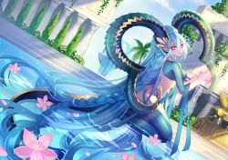Rule 34 | 1girl, absurdly long hair, blue hair, blue sky, blue sleeves, blue thighhighs, braid, commentary, curled horns, day, detached sleeves, dragon girl, dragon horns, dragon tail, dutch angle, english commentary, fate/grand order, fate (series), flower, hair between eyes, holding, holding flower, horns, long hair, long horns, looking at viewer, looking back, outdoors, pink flower, pointy ears, purple eyes, sigriddis, sky, solo, sunlight, symbol-shaped pupils, tail, thighhighs, tiamat (fate), twitter username, very long hair, water, x-shaped pupils