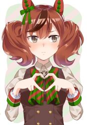 Rule 34 | 1girl, absurdres, border, bow, breasts, brown dress, brown eyes, closed mouth, double finger heart, dress, ear covers, ear ornament, finger heart, green bow, hair between eyes, highres, horse girl, juliet sleeves, light frown, long sleeves, medium breasts, medium hair, multicolored hair, nice nature (umamusume), puffy sleeves, red bow, red hair, solo, streaked hair, striped, striped bow, tawashi hechima, twintails, umamusume, upper body, white border