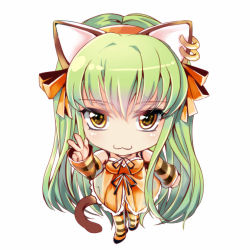Rule 34 | 10s, 1girl, :3, animal ears, animal print, blush, c.c., cat ears, cat tail, chibi, code geass, code geass: nunnally in wonderland, detached sleeves, green hair, jewelry, looking at viewer, meimi k, solo, striped clothes, striped thighhighs, tail, thighhighs, tiger print, tiger tail, yellow eyes