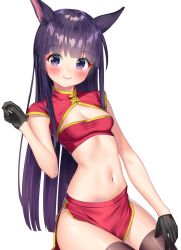 Rule 34 | 1girl, animal ears, bare shoulders, black gloves, breasts, brown thighhighs, chinese clothes, cleavage, cleavage cutout, clothing cutout, crop top, gloves, gold trim, hand up, highres, k mugura, kasumi (princess connect!), long hair, looking at viewer, midriff, miniskirt, navel, pelvic curtain, princess connect!, purple eyes, purple hair, red shirt, red skirt, revealing clothes, shirt, short sleeves, simple background, skirt, small breasts, smile, solo, stomach, thighhighs, thighs, white background