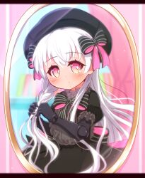 Rule 34 | 1girl, absurdres, beret, black bow, black dress, black gloves, black hat, blurry, blurry background, blush, bow, braid, braiding hair, bright pupils, closed mouth, commentary request, curtains, depth of field, doll joints, dress, elbow gloves, fate/extra, fate (series), gloves, gothic lolita, hair between eyes, hairdressing, hat, highres, joints, letterboxed, lolita fashion, long hair, looking at viewer, mirror, nursery rhyme (fate), pink eyes, puffy short sleeves, puffy sleeves, reflection, short sleeves, solo, striped bow, twitter username, very long hair, white hair, white pupils, yuya090602