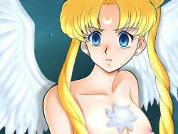 Rule 34 | 1girl, bishoujo senshi sailor moon, blonde hair, blue eyes, blush, breasts, cleavage, collarbone, commentary, crescent, double bun, earrings, flower, hair bun, hair ornament, hair over shoulder, jewelry, lento (glamour works), long hair, meme, nipples, nude, parted lips, sailor collar, sailor moon, sailor moon redraw challenge (meme), solo, twintails, upper body, wings