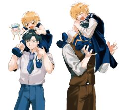 4boys black_hair blonde_hair blue_cloak blue_footwear blue_necktie brown_eyes brown_pants brown_vest carrying cloak closed_eyes cropped_legs gash_bell hug konjiki_no_gash!! konjiki_no_gash!!_2 long_sleeves multiple_boys necktie orange_eyes pants piggyback shirt short_hair short_sleeves simple_background smile ss_un17 takamine_kiyomaro vest white_background white_shirt