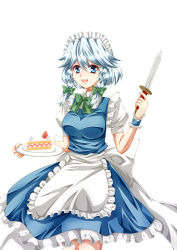 Rule 34 | 1girl, apron, bad id, bad pixiv id, blue eyes, blue hair, bow, braid, breasts, cake, divinebuster12, food, fruit, hair bow, highres, izayoi sakuya, knife, looking at viewer, maid headdress, matching hair/eyes, open mouth, plate, puffy short sleeves, puffy sleeves, short hair, short sleeves, simple background, skirt, skirt set, solo, strawberry, strawberry shortcake, touhou, twin braids, waist apron, white background, wrist cuffs