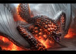 Rule 34 | bazelgeuse, day, dragon, explosion, fire, full body, glowing, highres, letterboxed, monster hunter (series), monster hunter: world, nekoemonn, no humans, nostrils, open mouth, outdoors, scales, sharp teeth, slit pupils, smoke, snout, solo, spikes, teeth, tongue, wings, wyvern, yellow eyes
