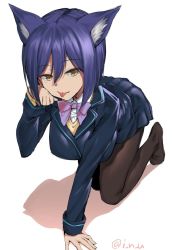 Rule 34 | 1girl, :p, all fours, animal ears, arm support, black pantyhose, blazer, bow, bowtie, breasts, cat ears, highres, inu (aerodog), jacket, large breasts, licking lips, looking at viewer, nijisanji, pantyhose, paw pose, pleated skirt, purple hair, school uniform, shizuka rin, short hair, simple background, skirt, smile, solo, tongue, tongue out, virtual youtuber, white background, yellow eyes