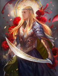 Rule 34 | 1boy, armor, blonde hair, breastplate, circlet, elf, fan yang (jiuge), flower, forehead jewel, gloves, gradient background, green eyes, long hair, long skirt, male focus, manly, middle earth, nose, pauldrons, pointy ears, realistic, shoulder armor, skirt, solo, sword, the hobbit, the lord of the rings, thranduil, tolkien&#039;s legendarium, tolkien's legendarium, vambraces, weapon