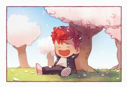 Rule 34 | 1boy, arms behind head, black jacket, black pants, blue sky, border, chibi, chibi only, closed eyes, commentary, grass, halorane, jacket, male focus, no nose, open clothes, open jacket, open mouth, outdoors, pants, pink petals, pompadour, red hair, sakuragi hanamichi, shirt, sitting, sky, slam dunk (series), solo, spring (season), symbol-only commentary, tree, under tree, white border, white footwear, white shirt