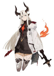 Rule 34 | 1girl, arknights, black dress, blue eyes, commentary request, cropped legs, dragon horns, dress, earrings, highres, holding, holding sword, holding weapon, horns, jacket, jewelry, kureta (nikogori), long hair, long sleeves, looking at viewer, open clothes, open jacket, reed (arknights), ribbed dress, sidelocks, simple background, solo, sword, thighhighs, weapon, white background, white hair, white jacket