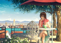 Rule 34 | 1girl, balcony, bendy straw, blue dress, blue eyes, blue sky, bow, bowtie, brown hair, capelet, chair, city, cityscape, cloud, crossed legs, cup, daisy, day, dress, drinking glass, drinking straw, elbow rest, expressionless, flower, frilled skirt, frills, gem, head rest, highres, holding, looking to the side, mountain, original, outdoors, railing, red bow, red bowtie, revision, shade, shadow, short hair, sitting, skirt, sky, solo, stairs, sugi87, table, tree, umbrella, water