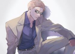 Rule 34 | belt, black belt, blonde hair, blue shirt, collared shirt, commentary request, formal, gnb01, goggles, grey pants, grey suit, highres, jujutsu kaisen, looking at viewer, male focus, nanami kento, pants, shirt, short hair, solo, suit