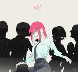 Rule 34 | 3boys, 3girls, bisexual female, black necktie, black pants, braid, braided ponytail, business suit, chainsaw man, collared shirt, couple, formal, harem, light smile, long hair, long sleeves, makima (chainsaw man), matahei, multiple boys, multiple girls, necktie, office lady, pants, quanxi (chainsaw man), red hair, reze (chainsaw man), ringed eyes, shirt, shirt tucked in, silhouette, smile, suit, white shirt, wife and wife and wife, yellow eyes