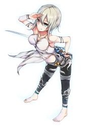 Rule 34 | 1girl, aeve, anklet, armband, barefoot, blue eyes, blush, bracelet, commentary request, fang, feet, gradient background, hair between eyes, jewelry, necklace, original, pants, phantom of the kill, short hair, solo, sword, weapon