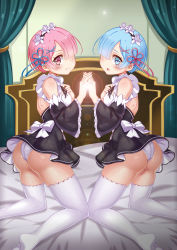 Rule 34 | 10s, 2girls, absurdres, apron, ass, back, bed, bed sheet, black ribbon, blue eyes, blue hair, blush, bow, breasts, closed mouth, commentary request, curtains, detached sleeves, dress, frilled dress, frilled sleeves, frills, from behind, hair ornament, hair over one eye, holding hands, hand on own chest, highres, kneeling, looking at viewer, looking back, maid, maid headdress, microdress, multiple girls, no shoes, on bed, open mouth, panties, pantyshot, pink eyes, pink hair, ram (re:zero), re:zero kara hajimeru isekai seikatsu, rem (re:zero), ribbon, short hair, siblings, sisters, sitting, small breasts, thighhighs, twins, underbust, underwear, white legwear, white panties, x hair ornament, xiao du