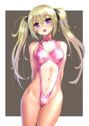 Rule 34 | 1girl, arms behind back, blonde hair, blue eyes, breasts, casual one-piece swimsuit, choker, clothing cutout, commentary request, cowboy shot, grey background, highleg, highleg swimsuit, katahira masashi, long hair, medium breasts, navel cutout, one-piece swimsuit, open mouth, original, pink neckwear, pink one-piece swimsuit, solo, swimsuit, twintails, two-tone background, white background