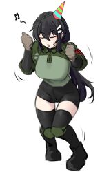 Rule 34 | 1girl, absurdres, ankle boots, armband, black footwear, black hair, black shorts, black thighhighs, boots, breasts, brown gloves, closed eyes, collared shirt, dancing, double-parted bangs, full body, gloves, green shirt, hair between eyes, hair ornament, hairclip, hat, highres, k0ng, knee pads, large breasts, long hair, low ponytail, motion lines, multicolored clothes, multicolored hat, music, musical note, open mouth, original, party hat, red armband, shirt, shorts, sidelocks, simple background, singing, single hair intake, sleeves rolled up, thighhighs, two-tone shirt, very long hair, white background