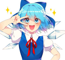 Rule 34 | 1girl, :d, artist request, bad id, bad pixiv id, blue bow, blue dress, blue eyes, blue hair, blush, bow, cirno, diamond (shape), dress, dress shirt, eyes visible through hair, hair between eyes, hair bow, hair intakes, heart, heart in eye, highres, ice, ice wings, looking at viewer, open mouth, pinafore dress, puffy short sleeves, puffy sleeves, red neckwear, red ribbon, ribbon, shirt, short hair, short sleeves, sleeveless dress, smile, solo, sparkle, sparkling eyes, star (symbol), star in eye, symbol in eye, touhou, upper body, v-shaped eyebrows, v over eye, white background, white shirt, wing collar, wings
