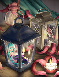 Rule 34 | 1girl, 23-0, aqua eyes, aqua hair, bad id, bad pixiv id, bare arms, bare shoulders, candle, encasement, fire, from side, full body, hair ornament, hatsune miku, indoors, knees up, lantern, long hair, looking at viewer, looking to the side, mini person, minigirl, purple legwear, ribbon, sleeveless, solo, striped clothes, striped legwear, striped thighhighs, table, thighhighs, twintails, very long hair, vocaloid
