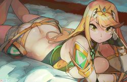 Rule 34 | 1girl, armor, ass, back, bed, bed sheet, bedroom, blonde hair, breast press, breasts, butt crack, commentary, gloves, hand on own face, hip focus, large breasts, legs, long hair, looking at viewer, lying, miniskirt, mythra (xenoblade), nintendo, on stomach, parted lips, skirt, solo, thighs, tiara, wide hips, woofycakes, xenoblade chronicles (series), xenoblade chronicles 2, yellow eyes