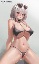 Rule 34 | 1girl, absurdres, azur lane, bikini, blush, breasts, cleavage, cleft of venus, covered erect nipples, crotch, eyewear on head, groin, hair between eyes, heart, heart-shaped eyewear, highleg, highleg bikini, highres, large breasts, looking at viewer, navel, official alternate costume, onedoo, open mouth, paid reward available, red eyes, short hair, sirius (azur lane), sirius (scorching-hot seirios) (azur lane), smile, solo, string bikini, sunglasses, swimsuit, thighs, underboob, wedgie, wet, wet clothes, wet hair, wet swimsuit, white hair