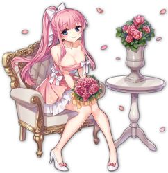 Rule 34 | 1girl, artist request, blue eyes, bouquet, bow, breasts, chair, dress, flower, game cg, hair bow, haramura nodoka, high heels, holding, holding bouquet, jewelry, knees together feet apart, large breasts, long hair, looking at viewer, mahjong soul, necklace, official art, pink dress, pink flower, pink hair, pink rose, ponytail, rose, saki (manga), sitting, smile, table, third-party source, transparent background, vase, very long hair, white bow, yostar