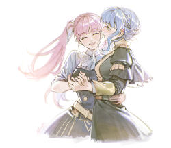 Rule 34 | 2girls, alzi xiaomi, arm around waist, belt, blue hair, blunt bangs, breasts, closed eyes, duplicate, fire emblem, fire emblem: three houses, garreg mach monastery uniform, highres, hilda valentine goneril, holding hands, long sleeves, looking at another, marianne von edmund, multiple girls, nintendo, open mouth, pink hair, pixel-perfect duplicate, simple background, smile, teeth, tongue, twintails, watermark, white background, yuri