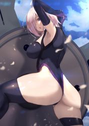 Rule 34 | 1girl, agovitch, ahoge, arms up, ass, bad id, bad pixiv id, black thighhighs, blush, breasts, cloud, commentary request, day, elbow gloves, fate/grand order, fate (series), from behind, gloves, hair over one eye, head tilt, highres, large breasts, leotard, looking at viewer, looking back, mash kyrielight, messy hair, open mouth, outdoors, own hands together, partially visible vulva, pink hair, purple eyes, shield, short hair, single thighhigh, sky, solo, standing, thighhighs