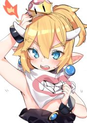 Rule 34 | 1girl, armpits, blonde hair, blue eyes, blush, bowser jr., bowsette jr., breasts, child, crown, fire, hand up, mario (series), new super mario bros. u deluxe, nintendo, open mouth, pointy ears, simple background, small breasts, solo, super crown, sweatdrop, tousaki shiina, upper body, white background