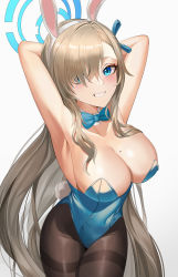 Rule 34 | 1girl, absurdres, animal ears, armpits, arms behind head, arms up, asuna (blue archive), asuna (bunny) (blue archive), asymmetrical bangs, black pantyhose, blue archive, blue bow, blue bowtie, blue eyes, blue leotard, blush, bow, bowtie, breasts, cleavage, contrapposto, covered navel, cowboy shot, crossed legs, detached collar, fake animal ears, fake tail, from above, grin, hair over one eye, halo, highres, large breasts, leotard, light brown hair, long hair, looking at viewer, mole, mole on breast, pantyhose, playboy bunny, rabbit ears, rabbit tail, skl, smile, solo, tail, thighband pantyhose, traditional bowtie, very long hair