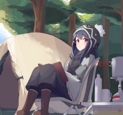 Rule 34 | 1girl, :/, beanie, black pantyhose, black skirt, blue hair, blush, book, boots, bottle, brown footwear, chair, closed mouth, cup, day, folding chair, gotou (go to 1014), hair ornament, hairclip, hat, long hair, looking at viewer, mug, open book, outdoors, pantyhose, purple eyes, shade, shawl, shima rin, signature, sitting, skirt, solo, tent, tree, yurucamp