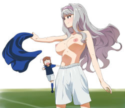 Rule 34 | 2girls, :o, ^^^, a1 (initial-g), amami haruka, breasts, euro 2012, hairband, holding, holding clothes, holding shirt, idolmaster, idolmaster (classic), italy, large breasts, long hair, multiple girls, nipples, open mouth, parody, shijou takane, shirt, shorts, silver hair, smile, soccer, soccer uniform, sportswear, surprised, sweat, topless, undressing, unworn shirt