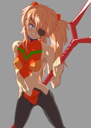 Rule 34 | 1girl, bident, blue eyes, bodypaint, cowboy shot, eyepatch, grey background, highres, lance of longinus (evangelion), long hair, looking at viewer, naked paint, neon genesis evangelion, nude, painted clothes, plugsuit, polearm, rebuild of evangelion, simple background, souryuu asuka langley, twintails, weapon