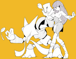 Rule 34 | 1girl, alakazam, boots, brown background, creatures (company), full body, game freak, gen 1 pokemon, greyscale, greyscale with colored background, gym leader, highres, holding, holding spoon, long hair, long sleeves, looking at viewer, massakasama, monochrome, nintendo, pokemon, pokemon (creature), sabrina (pokemon), simple background, spoon, standing, yellow background