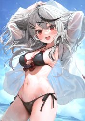 Rule 34 | 1girl, :d, absurdres, arms behind head, arms up, banned artist, bikini, black bikini, black hair, blue sky, bow, breasts, cloud, commentary request, fang, grey hair, groin, hair ornament, hairclip, hands in hair, highres, hololive, long hair, looking at viewer, medium breasts, multicolored hair, navel, open mouth, parsley-f, plaid, plaid bow, red eyes, sakamata chloe, side-tie bikini bottom, sky, smile, solo, sparkle, stomach, streaked hair, swimsuit, tagme, virtual youtuber, wading, water, wet, wet hair, x hair ornament