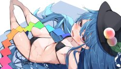 Rule 34 | 1girl, absurdres, barefoot, bikini, black bikini, black hat, blue hair, commentary, food, fruit, hair between eyes, hat, highres, hinanawi tenshi, legs, long hair, looking at viewer, lying, on back, peach, red eyes, simple background, solo, sweat, swimsuit, touhou, tsune (tune), very long hair, white background
