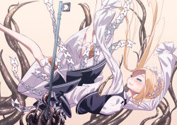 Rule 34 | 1girl, abigail williams (fate), abigail williams (festival outfit) (fate), arms up, beige background, black skirt, black vest, blonde hair, bloomers, blue eyes, blush, bow, braid, breasts, cluseller, falling, fate/grand order, fate (series), female focus, forehead, french braid, hair bow, half-closed eyes, happy, heart, key, keyhole, layered skirt, long hair, long sleeves, looking up, official alternate costume, open mouth, orange bow, oversized object, shirt, sidelocks, skirt, sleeves past fingers, sleeves past wrists, small breasts, smile, solo, spread legs, teeth, tentacles, underwear, vest, white bloomers, white bow, white shirt