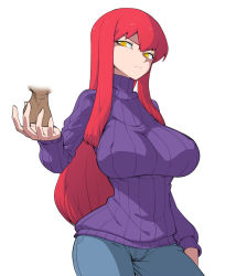 Rule 34 | 1girl, bad id, bad pixiv id, biriri (spacezin), breasts, contrapposto, creatures (company), denim, game freak, gen 1 pokemon, highres, huge breasts, impossible clothes, impossible sweater, jeans, jitome, long hair, nintendo, outstretched hand, pants, personification, pokemon, red hair, ribbed sweater, sagging breasts, sidelocks, slit pupils, solo, spacezin, standing, sweater, testicles, turtleneck, voltorb, yellow eyes