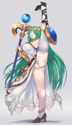Rule 34 | 1girl, absurdres, armpit peek, armpits, ass, asymmetrical legwear, bare shoulders, blush, breasts, clothes lift, dress, dress lift, full body, green eyes, green hair, grey background, high heels, highres, jewelry, kid icarus, kid icarus uprising, large breasts, leg up, legs, long hair, looking at viewer, negresco, nintendo, open mouth, palutena, panties, pantyshot, partially visible vulva, sandals, shield, simple background, single thighhigh, smile, solo, split, spread legs, staff, thick thighs, thighhighs, thighs, tiara, underwear, uneven legwear