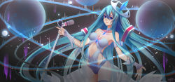 Rule 34 | 1girl, absurdres, bingbing (hrppbb), blue eyes, blue hair, blush, breasts, cleavage, closed mouth, collarbone, hatsune miku, highres, holding, holding microphone, large breasts, long hair, looking at viewer, microphone, microphone stand, smile, solo, very long hair, vocaloid