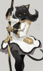 Rule 34 | 1girl, ababababa, animal ears, animal nose, black hair, black nails, black skin, breasts, cat ears, cat girl, cat tail, cleavage cutout, closed mouth, clothing cutout, colored skin, dress, fingernails, fur trim, furry, furry female, hair between eyes, highres, holding, holding sword, holding weapon, katana, nail polish, orange eyes, sharp fingernails, sheath, slit pupils, snout, solo, sword, tail, weapon, white dress