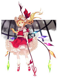 Rule 34 | 1girl, ankle cuffs, ascot, asymmetrical hair, birdcage, blonde hair, cage, fangs, female focus, flandre scarlet, hat, hat ribbon, highres, laevatein, long hair, looking at viewer, mary janes, open mouth, petticoat, puffy sleeves, red eyes, red footwear, ribbon, shaded face, shadow, shihou (g-o-s), shirt, shoes, short sleeves, side ponytail, skirt, skirt set, slit pupils, solo, touhou, wings