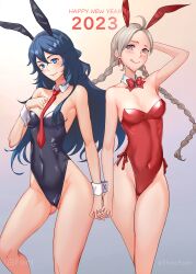 Rule 34 | 2girls, absurdres, ahoge, animal ears, arm behind head, bare shoulders, blue eyes, blue hair, bow, bowtie, braid, breasts, chinese zodiac, commission, commissioner upload, detached collar, earrings, fire emblem, fire emblem awakening, fire emblem fates, gluteal fold, grey hair, highres, holding hands, jewelry, leotard, licking lips, long hair, looking at viewer, low twin braids, lucina (fire emblem), medium breasts, multiple girls, necktie, nina (fire emblem), nintendo, non-web source, parted bangs, playboy bunny, rabbit ears, shiro font, tongue, tongue out, twin braids, wrist cuffs, year of the rabbit