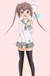 Rule 34 | 10s, 1girl, artist request, black thighhighs, blush, brown hair, embarrassed, fang, female focus, grey neckwear, grey sailor collar, grey skirt, hair ornament, hair ribbon, hand up, long sleeves, momochi tamate, open mouth, peeing, peeing self, pink background, pleated skirt, purple eyes, ribbon, sailor collar, school uniform, serafuku, shirt, simple background, skirt, slow start, solo, standing, tears, thighhighs, twintails, wet, wet clothes, white shirt, zettai ryouiki