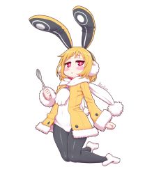 Rule 34 | 1girl, animal ears, artist name, black pantyhose, blonde hair, blush, cardigan, covered navel, disgaea, earmuffs, fake animal ears, female focus, flat chest, full body, fur-trimmed cardigan, fur-trimmed sleeves, fur trim, half-closed eyes, hand up, holding, holding spoon, kionant, knees together feet apart, leotard, long sleeves, looking to the side, open cardigan, open clothes, open mouth, pantyhose, rabbit ears, red eyes, scarf, shiny clothes, shoes, short hair, sidelocks, signature, simple background, solo, spoon, usalia (disgaea), white background, white footwear, white leotard, white scarf, yellow cardigan