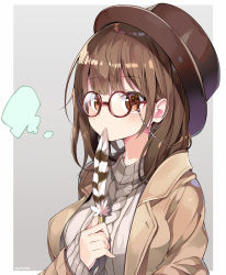 Rule 34 | 1girl, aran sweater, blush, breasts, brown-framed eyewear, brown eyes, brown hair, brown hat, brown jacket, cable knit, commentary request, covered mouth, glasses, grey background, grey sweater, hand up, hat, holding, jacket, long hair, long sleeves, looking at viewer, medium breasts, myuton, open clothes, open jacket, original, quill, ribbed sweater, signature, sleeves past wrists, solo, sweater, two-tone background, upper body, white background