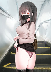 Rule 34 | 1girl, ass, black hair, black skirt, black thighhighs, breasts, brown sweater, carrying bag, clothes lift, escalator, from behind, highres, lifted by self, long hair, looking at viewer, looking back, mask, medium breasts, miniskirt, mole, mole on ass, mole under eye, mouth mask, oouso, original, panties, pink panties, pleated skirt, red eyes, side-tie panties, skirt, skirt lift, solo, standing, star-shaped pupils, star (symbol), sweater, symbol-shaped pupils, thighhighs, underwear
