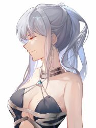Rule 34 | 1girl, absurdres, ak-12 (girls&#039; frontline), ak-12 (quiet azure) (girls&#039; frontline), aquamarine (gemstone), bare shoulders, black dress, breasts, chinese commentary, cleavage, closed eyes, commentary, dress, earrings, from side, girls&#039; frontline, halter dress, halterneck, highres, jewelry, luoyuyaoouruola, medium breasts, official alternate costume, ponytail, portrait, profile, revealing clothes, sidelocks, simple background, smile, solo, white background, white hair